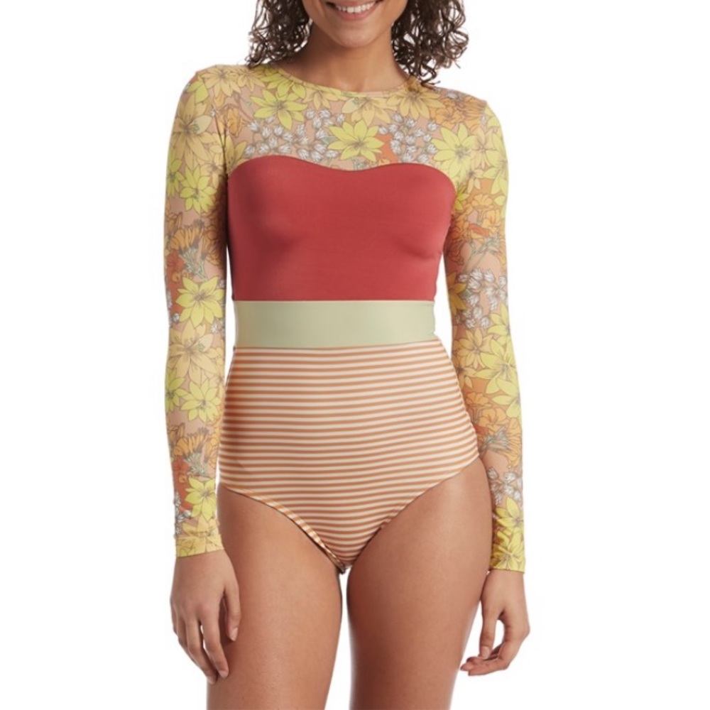 Seea Floral and Striped One Piece Swimsuit